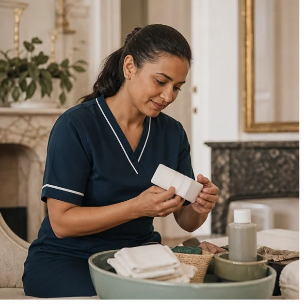 Infirmière préparant un pansement pour des soins à domicile à Bruxelles